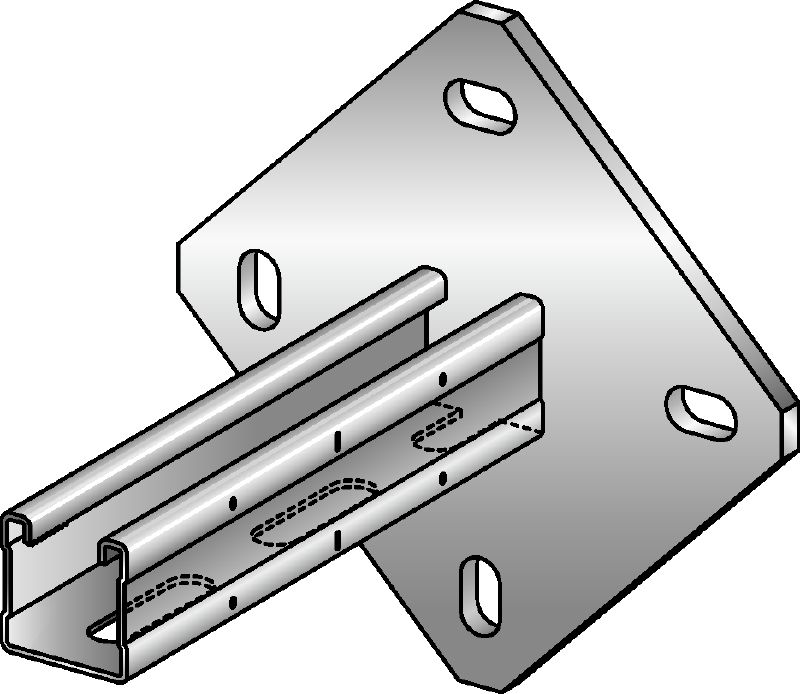 MQK-41/4-F Hot-dip galvanised (HDG) bracket with a 41 mm high, single MQ strut channel with a square baseplate for higher rigidity